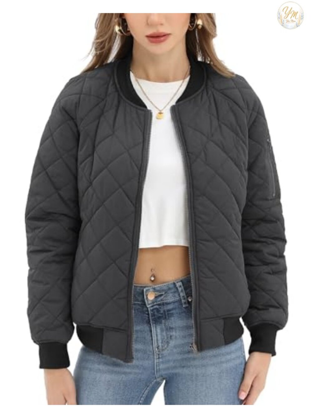 Quilted Bomber Jacket with 5 Pockets - Lightweight Puffer Coat